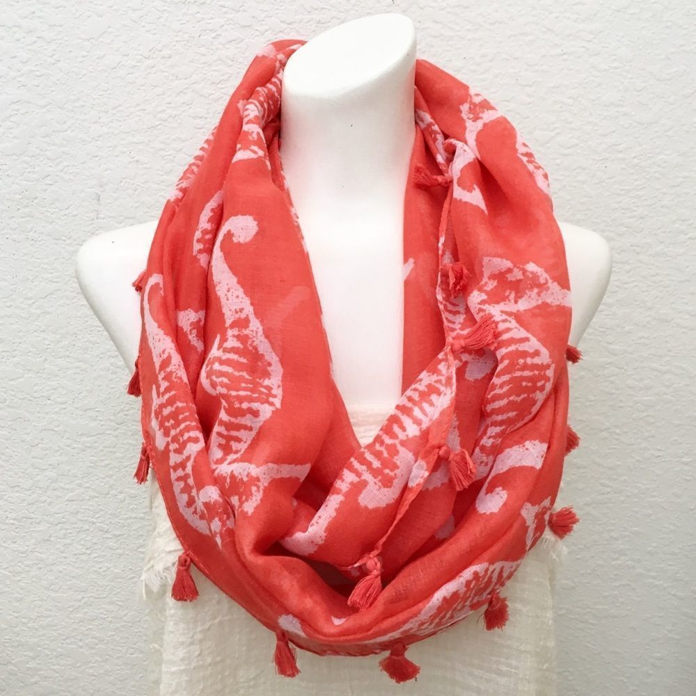 Seahorse Print Tassel Trim Orange Infinity Scarf, nwt